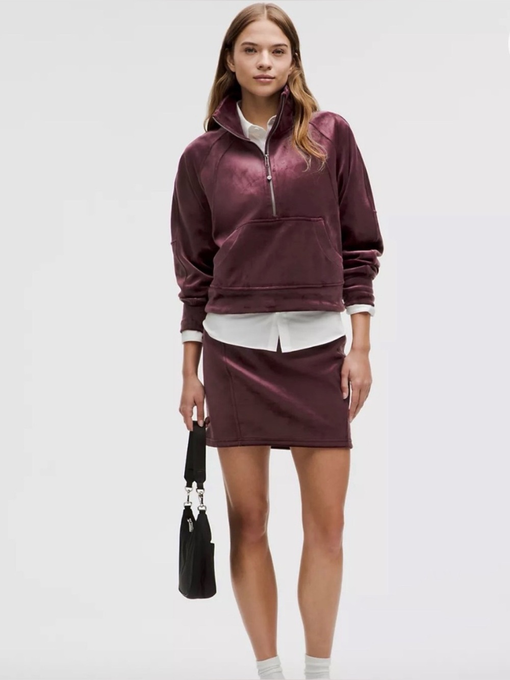 NWT Lululemon Scuba High Rise Velvet Mini Skirt Garnet Medium Size 8 + Red Bag